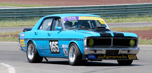 Blue Ford Falcon GT circuit racing car on track